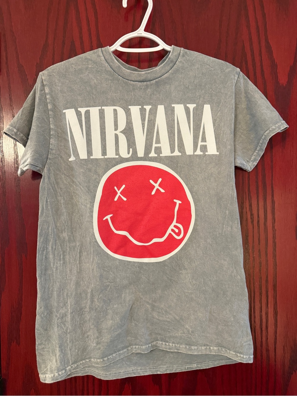 Nirvana Women’s Grey Tee with Red Smiley Graphic